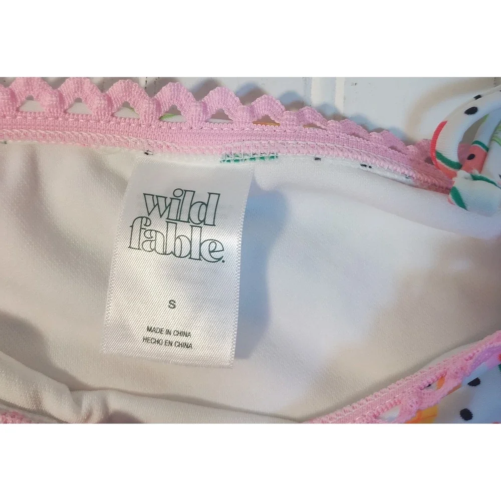 Wild‎ Fable Fruit Print Swim Set White Pink Scalloped Trim Small Tropical Beach
